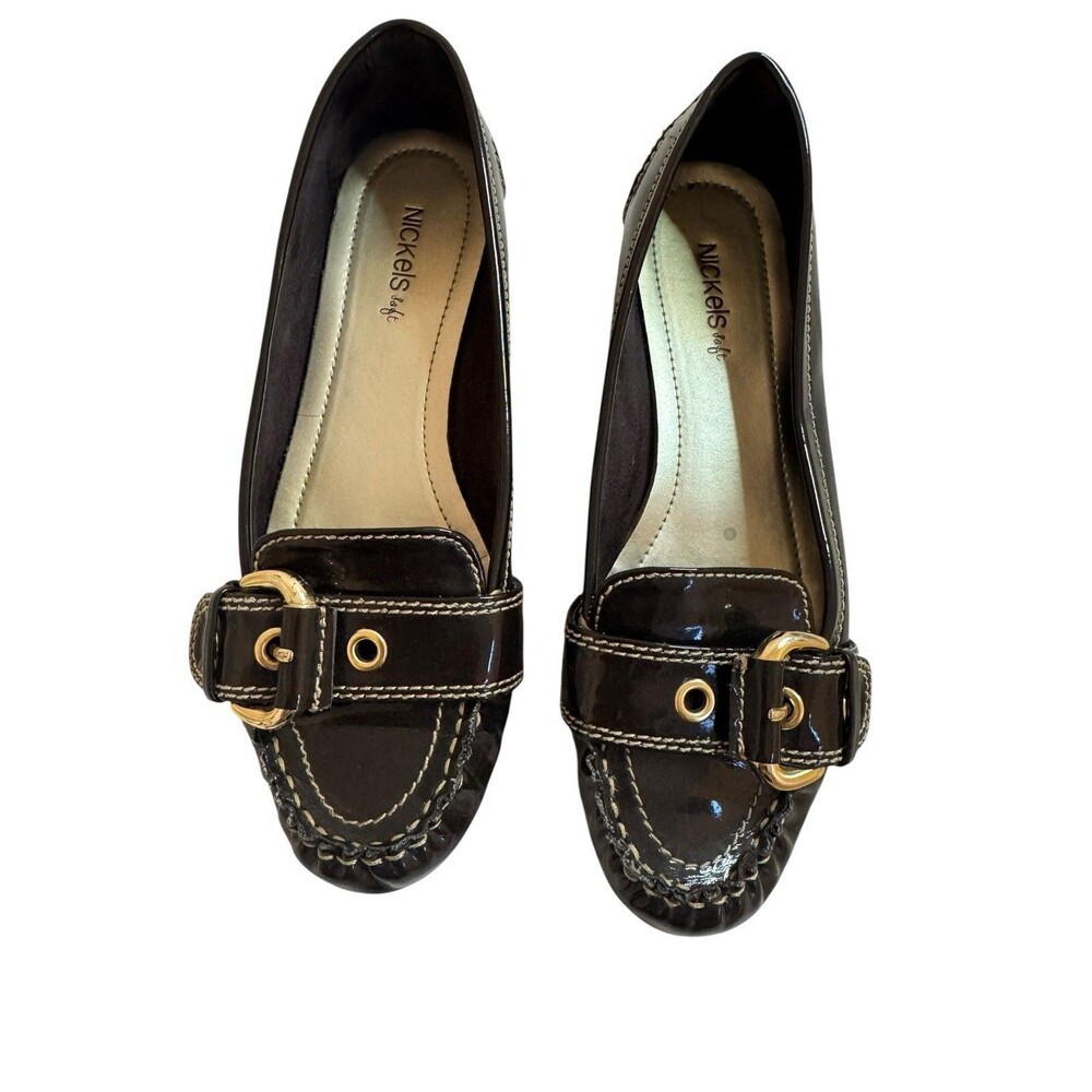 Ladies Shiny Brown Nickels Soft Flat Shoes - Ariana- Size 9.5 Womens Loafers